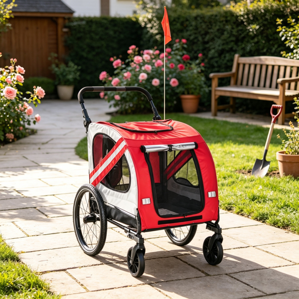 2-in-1 Red Dog Bicycle Trailer – Road-Visibility Reflectors, Weather-Strong Cover, as Pet Outdoor Travel Essential for Hiking Routes