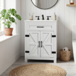 Washed white particleboard with melamine veneer, barn double door with U-shaped internal shelves, washbasin cabinet, 76*47*91cm (30 inches)