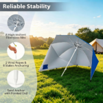 2-in-1 Portable Beach Umbrella with Side Panels UPF 50+ Silver Coated Oxford Cloth, Wind Resistant Vented Canopy with Sand Anchor Stakes Wind Ropes - Blue - Image 7