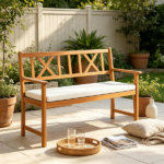 2 Person Acacia Wood Outdoor Loveseat Bench with Removable White Sponge Cushion, Heavy Duty Patio Garden Bench X-Shaped Backrest Armchair Slatted Seat for Backyard Porch Natural Wood Finish - Image 2