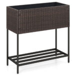 28" Elevated Raised Planter Box with Storage Shelf, Ergonomic Garden Bed for Patio Balcony Herb Vegetable - Brown - Image 4