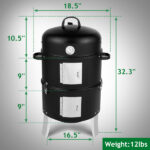 Vertical Steel Charcoal Smoker, Heavy Duty Double Layer Round BBQ Grill for Outdoor Cooking, Black - Image 6