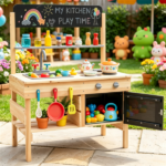 Natural Fir Wood Kids Outdoor Mud Kitchen Playset with Stainless Steel Sink & Stoves, Pretend Play Cooking Toy with Storage Hooks for Toddlers 3+ - Image 9