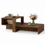 2-Tier Modern Geometric Coffee Table Engineered Wood Low Center Table with Storage Shelf, Waterproof Surface Cross Base Accent Table for Living Room Tea Game Work - Brown - Image 4