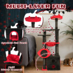 53" Large Cat Tree, Gothic Cat Tower with Padded Perch, Spacious Condo, Comfy Hammock, Scratching Post, Hanging Toy for Indoor Cats, Red & Black - Image 4