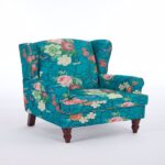 Modern Accent Chair with Retro Wood Legs, Comfy Upholstered Armchair, Floral Design Single Sofa Chair for Living Room Bedroom Office - Floral Cyan - Image 13