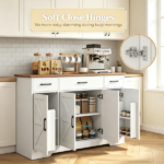 White 47" Farmhouse Buffet Cabinet, Soft-Close Hinges, 3 Drawers, Adjustable Shelves, Spice Racks Sideboard - Image 4