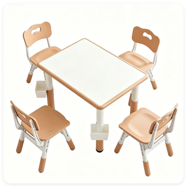 Height Adjustable Kids Desk and 4 Chairs Set, Graffiti Wipeable Tabletop Toddler Activity Table with Storage Baskets Natural