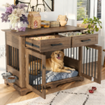 44.48" Large Dog Crate Furniture, Indoor Wooden Dog Kennel End Table with 2 Storage Drawers and Rotating Bowls, Decorative Pet Cage Dog House for Medium Dogs,Brown - Image 7