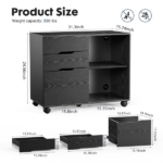 3-Drawer File Cabinet with Wheels, Rolling Wood Printer Stand with Open Storage Shelves for Home Office, Black - Image 2