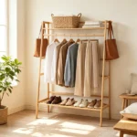 Natural Bamboo Clothing Rack, Multi-Layer Garment Organizer with Top & Bottom Storage Shelves, Side Hooks Hanging Rod, Stable A-Shape Structure Anti-Toppling Device 88LBS Capacity Freestanding Storage Rack for Bedroom Entryway - Image 8