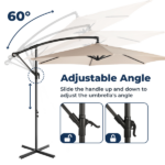 10FT Round Offset Patio Umbrella, Banana Hanging Cantilever Umbrella with 60° Adjustable Angle, Crank System, Cross Base & Pole Sleeve, UPF 50+ Waterproof Polyester Canopy, 6 Iron Ribs for Garden Deck Backyard, Khaki - Image 20