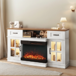 58 Inch Black Gold Oak Fireplace TV Stand with 25 Inch Insert, 2 Doors 2 Drawers & Glass Shelves, Media Console 147.4 x 45 x 80 cm - Image 8