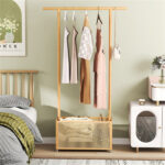 2-in-1 Bamboo Clothing Rack with Rolling Wheels & 60L Storage Basket - Image 2