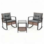 3-Piece Outdoor PE Rattan Rocking Chair Conversation Set with 2-Tier Glass Coffee Table, Heavy Duty Metal Frame Patio Rockers with Zipper Removable Gray Cushions & Back Pillows Mixed Brown Wicker for Backyard Porch Poolside - Image 3
