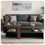 2-Tier Modern Geometric Coffee Table Engineered Wood Low Center Table with Storage Shelf, Waterproof Surface Cross Base Accent Table for Living Room Tea Game Work - Black & Brown - Image 9