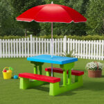 Kids Outdoor Table and Chair Sets with Removable Umbrella, Kids Picnic Table for Backyard Garden Patio, Red & Blue & Green - Image 4