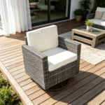 Cream White PE Wicker Outdoor Swivel Rocker – 360° Patio Glider Chair for Porch, Backyard, Deck - Image 8