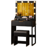 Black particleboard with a 3-compartment, 1-drawer dressing table set with 8 three-tone light bulbs, power strip, and grille series - Image 6
