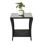 Outdoor Patio Wicker Side Table, Square End Table Bistro Coffee Table with Glass Top Storage Shelf for Porch Garden Backyard Black - Image 24