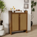 42.5" Tall Rattan Shoe Cabinet with Doors, 6-Tier Wooden Freestanding Shoe Storage Organizer with Adjustable Shelves, Mid-Century Entryway Shoe Cabinet for Hallway & Living Room--Walnut - Image 16