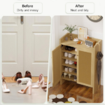 42.5" Tall Rattan Shoe Cabinet with Doors, 6-Tier Wooden Freestanding Shoe Storage Organizer with Adjustable Shelves, Mid-Century Entryway Shoe Cabinet for Hallway & Living Room - Image 8
