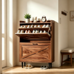 2-Drawer Top Enclosure Barn Door Shoe Cabinet Melamine Board Embossed MDF Shoe Cabinet 31.61*9.45*39.37in Walnut - Image 9