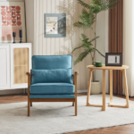 Mid-Century Oak Accent Chair - Linen-Cotton Navy Blue Upholstered Single Lounge Chair, Indoor Armchair with Sturdy Wood Frame (330LBS Weight Capacity) - Image 11