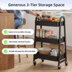 Utility Cart, Metal, 3‑Tier, Lockable Caster Wheels , 360° Rolling, Black (Shipment from Walmart) - Image 6
