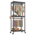 29.5 Inch Rolling Clothes Rack, Adjustable Metal Shelves, Heavy Duty Clothes Rack with Side Hooks for Household, Laundry Room, Black (Shipment from Walmart)