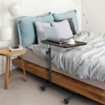 Multifunctional Adjustable Bedside Table MDF + Iron Movable Sofa Side Table 4-Wheeled Small Computer Desk with Brakes 26.5*16.5*27~44in Dark Wood Grain Color