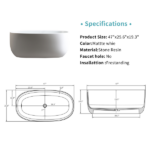 51'' Solid Surface Matte Tub, Freestanding Solid Surface Resin Stone Bathtub, Solid Surface Matte White Soaking Tub,Free Standing Tub with Overflow and Pop-up Drain, Matte White - Image 11