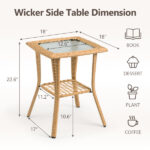 Outdoor Wicker Side Table, Rattan End Table with Glass Top, Patio Coffee Bistro Table for Indoor Garden Porch Balcony, Beige - Image 2