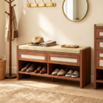 Brown 3-Tier Shoe Storage Bench – Cushioned Seat, 2 Rattan Drawers and Bottom Open Shelf - Image 6