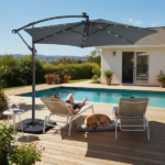 10FT Round Banana Hanging Patio Umbrella with 18 LED Lights, 6 Iron Ribs, Iron Straight & Curved Pole, Waterproof Polyester Canopy, with Stand Sleeve and Cross Base, Gray - Image 30