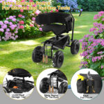Rolling Garden Cart with Cushioned Backrest & Seat, Outdoor Gardening Stool for Planting, Garden Scooter with 360 Degree Swivel Seat & Steering Handle & Tool Tray, Black - Image 16