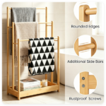  Solid Bamboo Freestanding Towel Rack with 3 Staggered Hanging Bars & Slatted Bottom Storage Shelf, Waterproof Bathroom Towel Drying Holder with Side Stabilizer Bars Rounded Edges Natural Wood Finish - Image 9