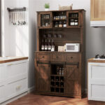 Brown Farmhouse 72" Pantry Cabinet with Hutch, Sliding Barn Doors & Wine Storage Rack - Image 4