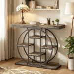 Industrial Sofa Table 39.4" Console Table with Storage Shelves Rustic Oak Finish for Living Room Hallway