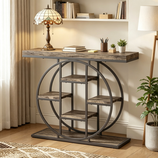 c2950df3-ec79-4300-b734-99ced143711c.png Industrial Sofa Table 39.4" Console Table with Storage Shelves Rustic Oak Finish for Living Room Hallway - Image 1
