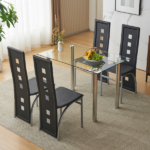 Same Code 02878244 5 Pieces Dining Table Set for 4, Kitchen Room Tempered Glass Dining Table, 4 Chairs, Black Table legs are silvery - Image 5