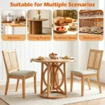 2 Pack Rubber Wood Dining Chairs, PVC Woven Rattan Back Side Chairs with Padded Fabric Seat, Ergonomic Armless Kitchen Chairs Supports 380LBS Each - Image 3