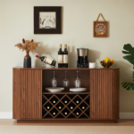 58" Modern Wavy Curve Sideboard-Multifunctional storage cabinet with wine rack and glassware holder, adjustable shelves for wine storage and coffee bar, suitable for kitchens and dining rooms.Walnut