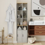 72" Tall Slim Storage Cabinet, 6-Tier Narrow Freestanding Bathroom Cabinet with 1 Door and 2 Adjustable Shelves, Bookcase Display Storage Shelves, Cube CD DVD Storage Cabinet-Antique White - Image 11