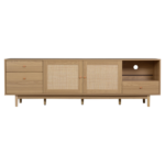 Boho TV Stand for 65, 75, 85 Inch TV, Entertainment Center with Open Storage and Drawers, Modern Wood Media TV Console with Real Rattan - Image 2