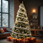 7.5 FT Artificial Snow Tipped Christmas Tree with DIY 350 Warm Lights Remote Control, Hinged Xmas Pine Tree with Silver Ribbon Ornaments for Holiday Party Office Home, Green & Snow Tipped - Image 2