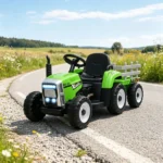 12V Green Toddler Electric Ride-On Tractor – 25W Dual Drive Motors, with Hauling Trailer, Parental Remote, Built-in Music Player, Ignition Startup Sound, Horn & Bright LED Lights
