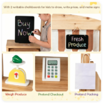 2-in-1 Kids Outdoor Mud Kitchen & Farmers Market Stand, Carbonized Fir Wood Pretend Grocery Store with 25 Pcs Play Food Accessories Double Chalkboards Planter Box - Image 10