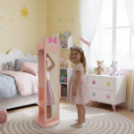Pink, bow-themed, MDF (medium-density fiberboard) painted finish, 1-door, 1-shelf, rotatable base, children's jewelry mirror cabinet - Image 16