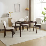 Rubber wood soft bag deep walnut dining table and chair set 1 table 4 chairs beige cushion rectangular - Image 37